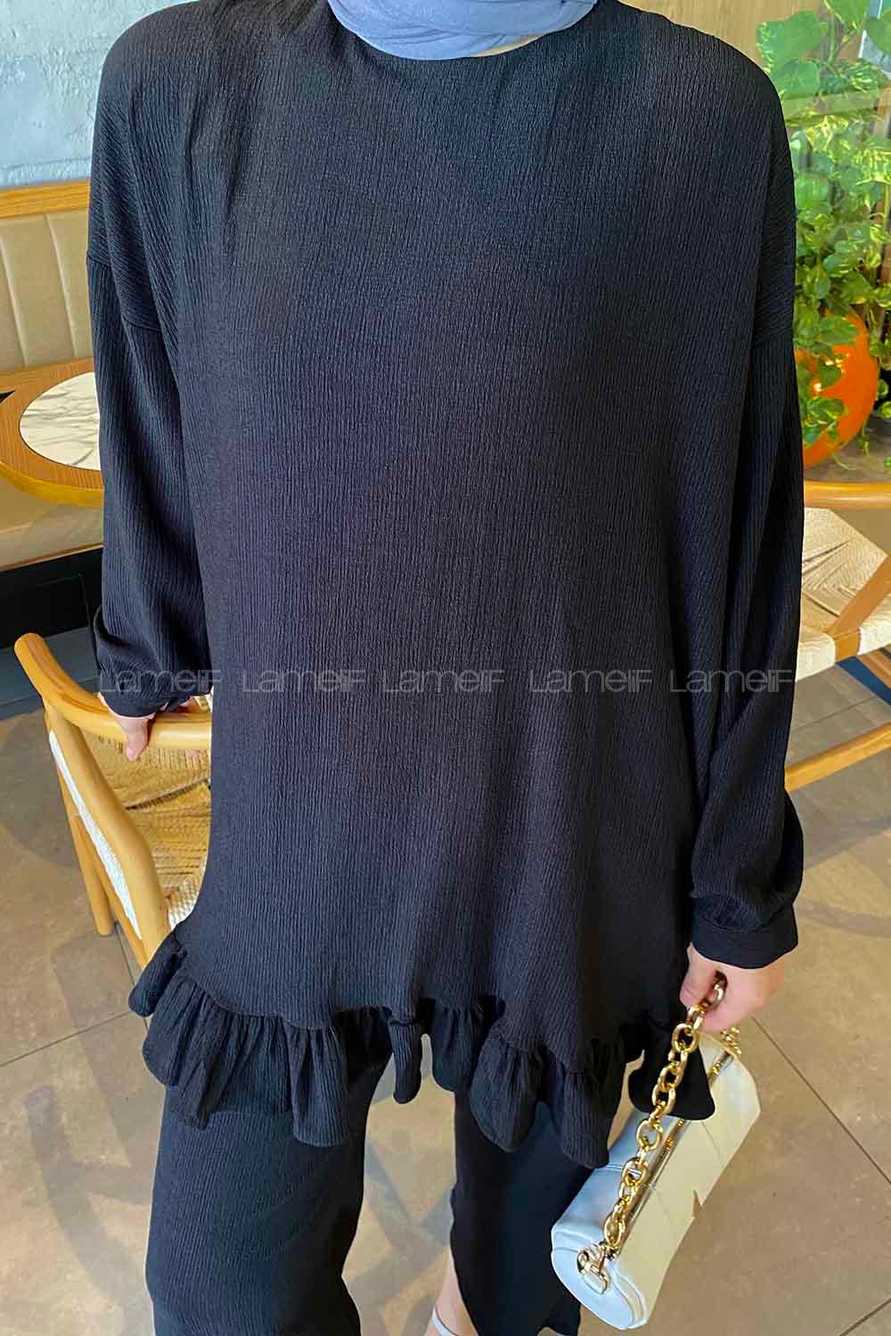 Black Crew Neck Long Arm Without Accessories Linen Regular Trousers Linen Suit