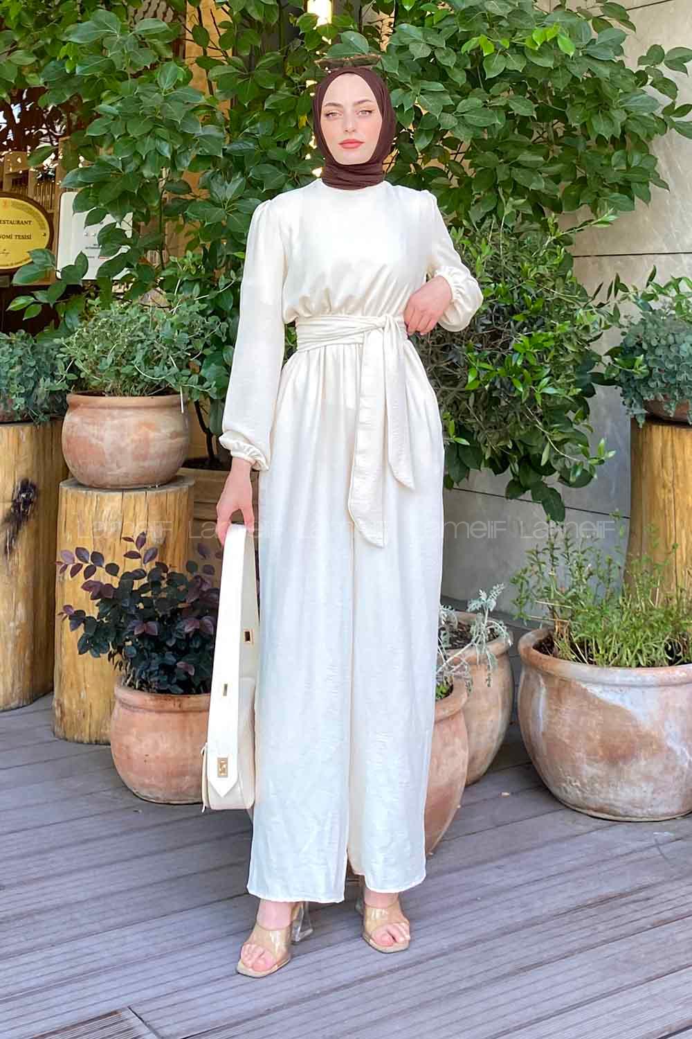 Modalamelif Bel Lastikli Ayrobin Tulum Krem Rengi