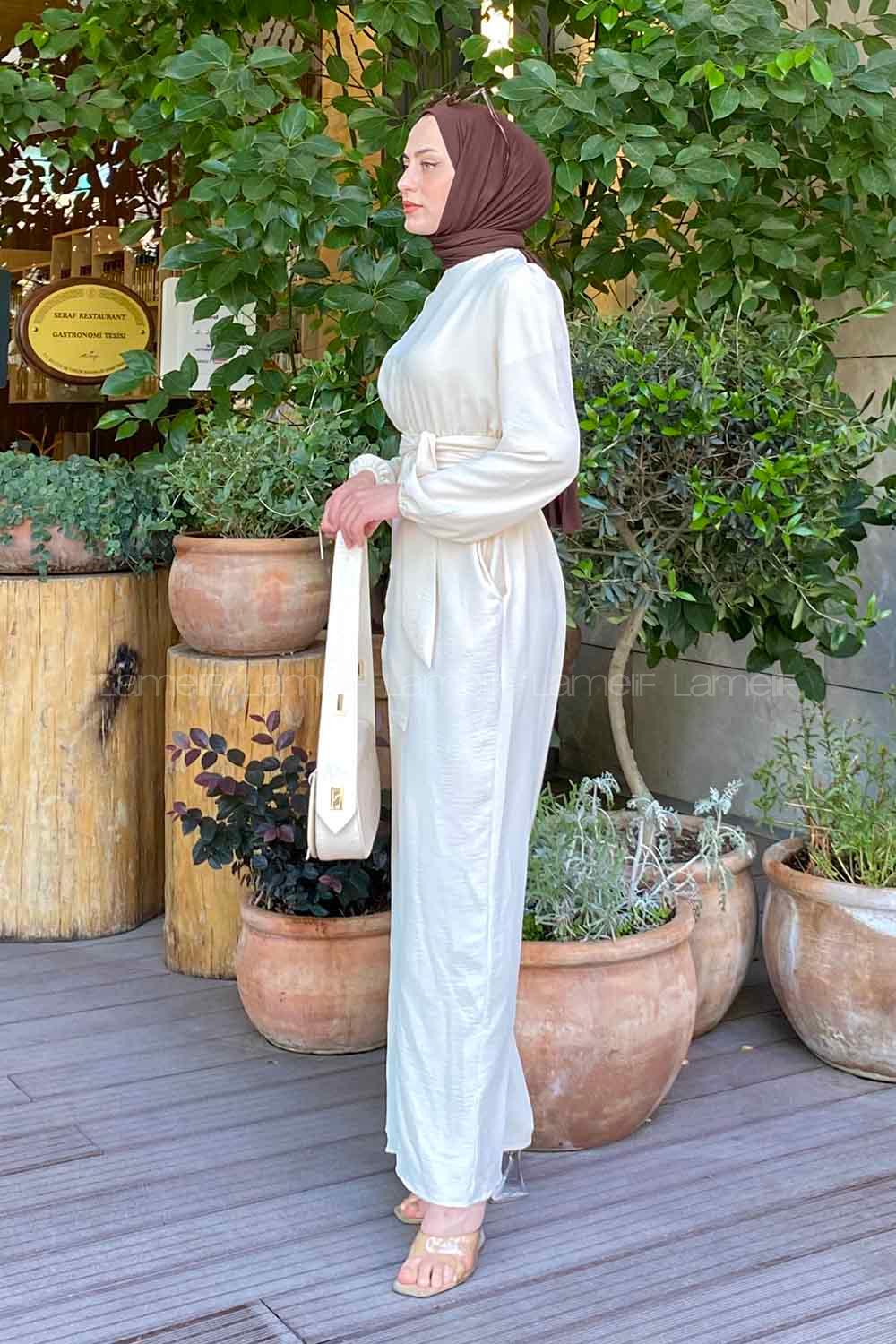 Modalamelif Bel Lastikli Ayrobin Tulum Krem Rengi