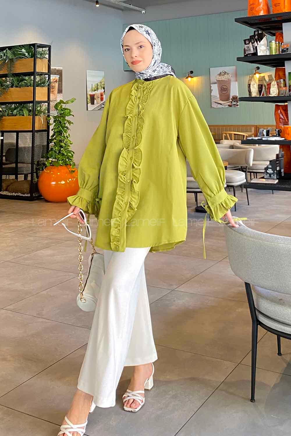 Pistachio Green Mandarin Collar Cotton Unprinted Tunic