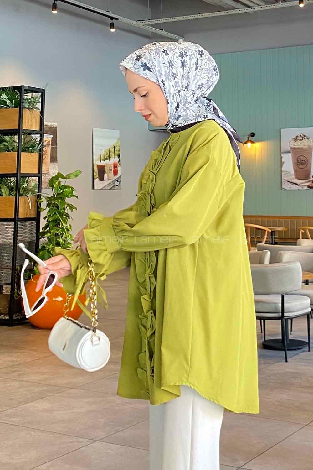 Pistachio Green Mandarin Collar Cotton Unprinted Tunic