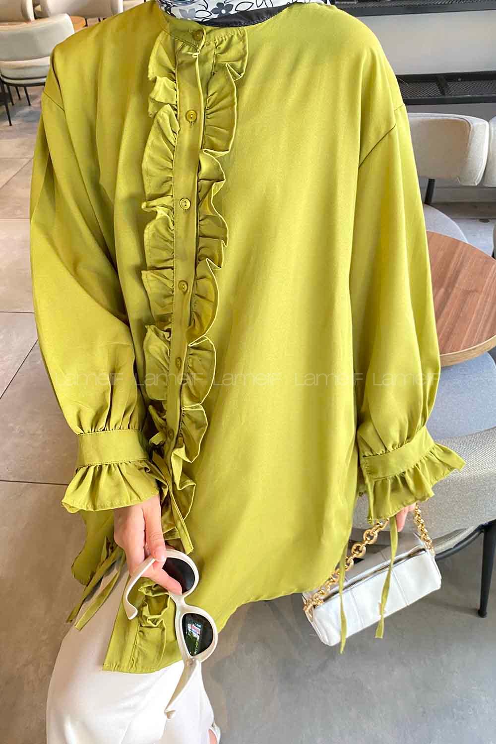 Pistachio Green Mandarin Collar Cotton Unprinted Tunic