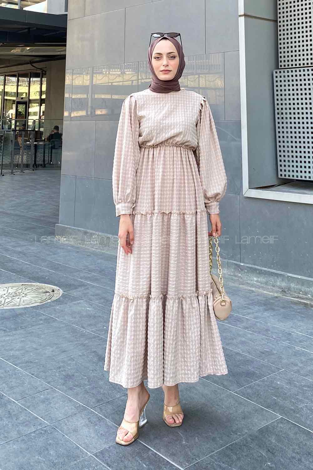 Beige Medium Crew Neck Cotton Fabric Unprinted Dresess