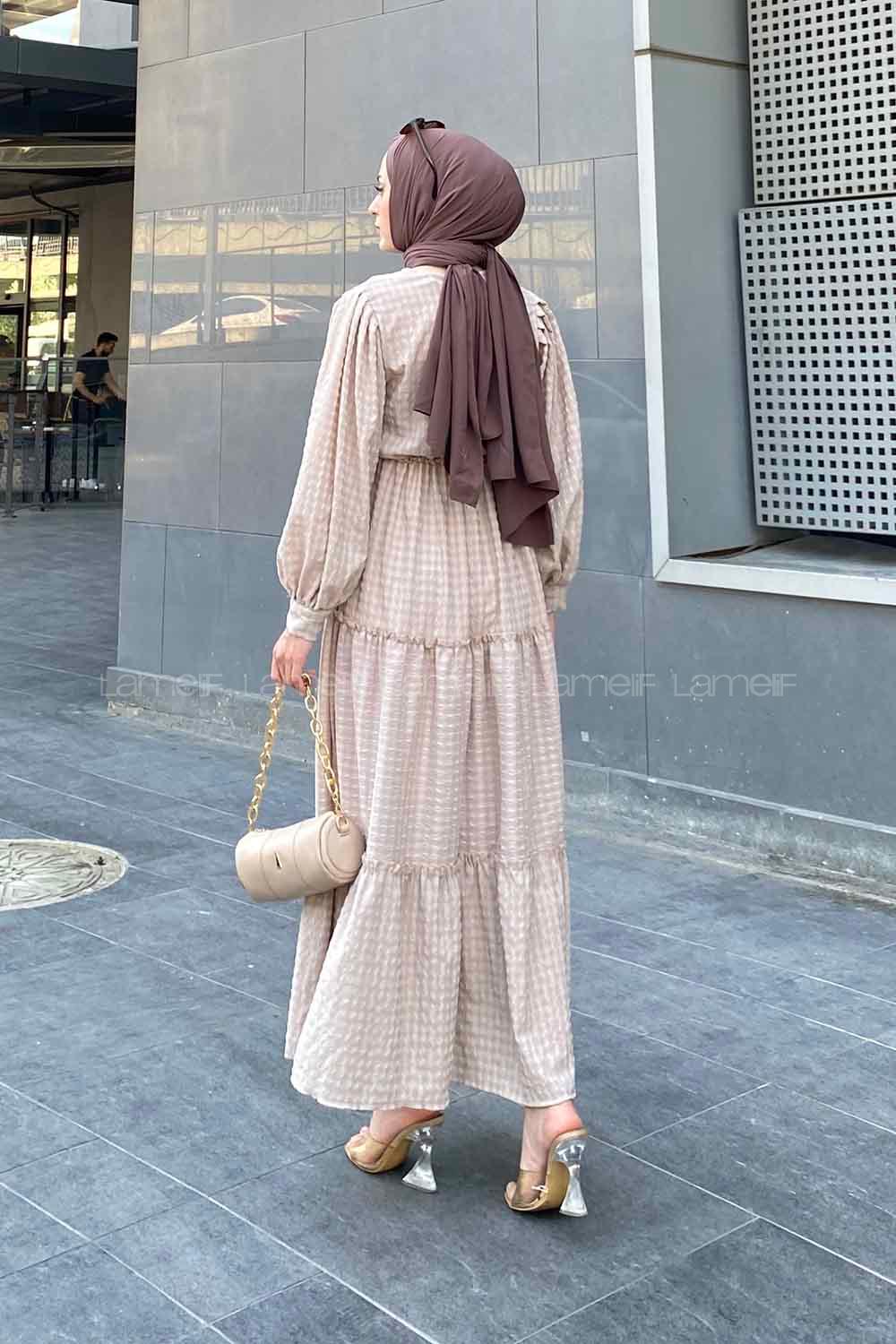 Beige Medium Crew Neck Cotton Fabric Unprinted Dresess