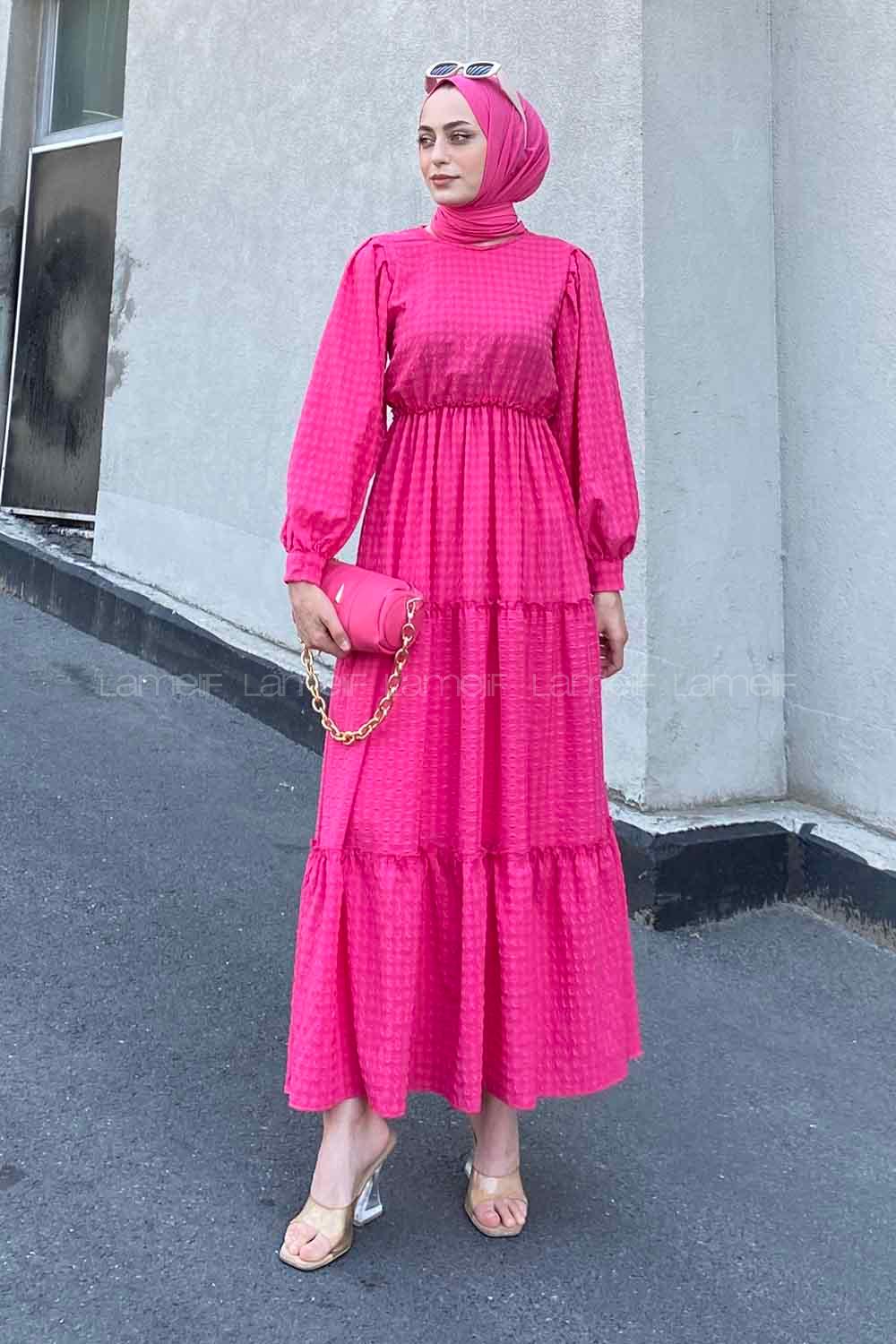 Fuchsia Medium Crew Neck Cotton Fabric Unprinted Dresess