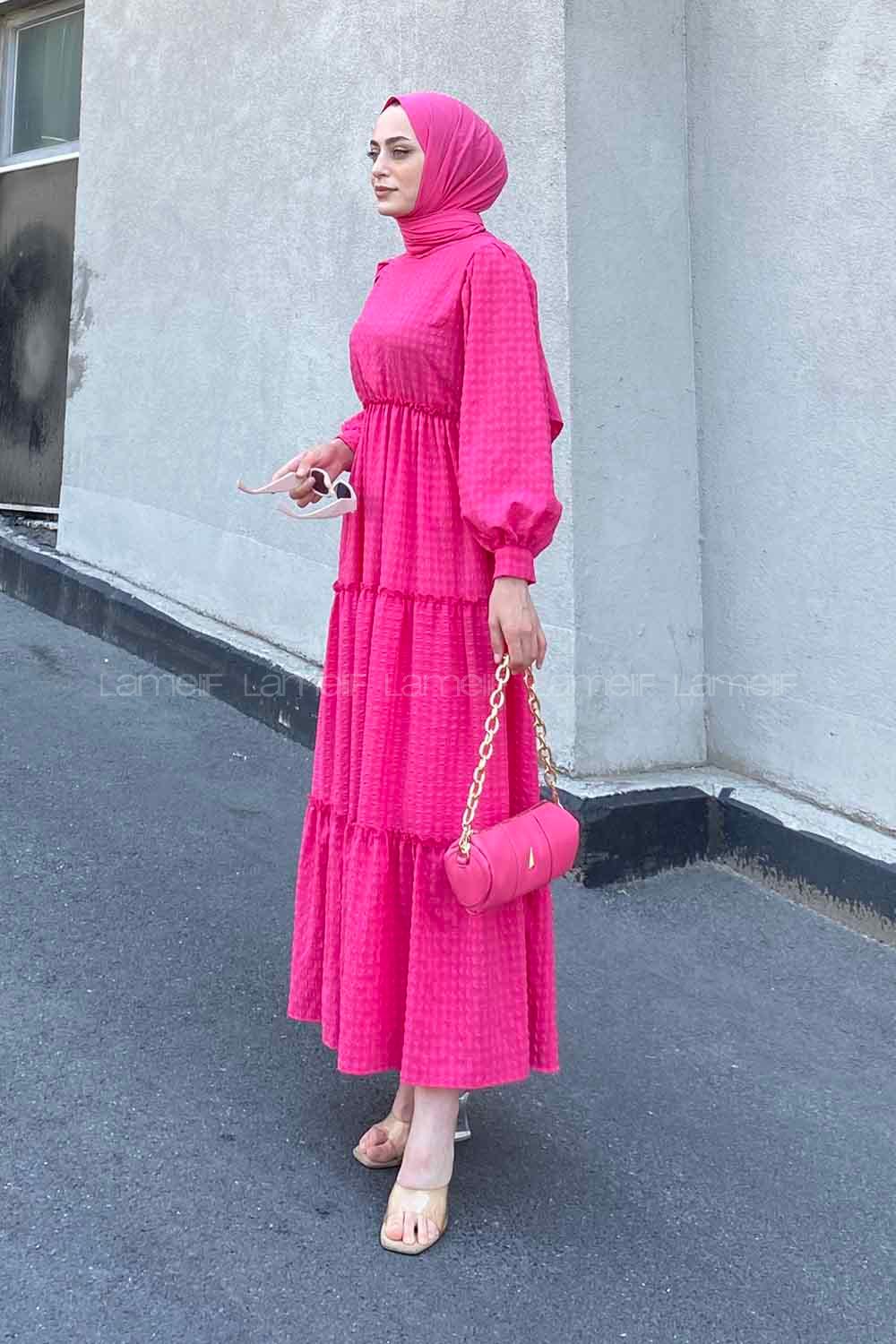 Fuchsia Medium Crew Neck Cotton Fabric Unprinted Dresess