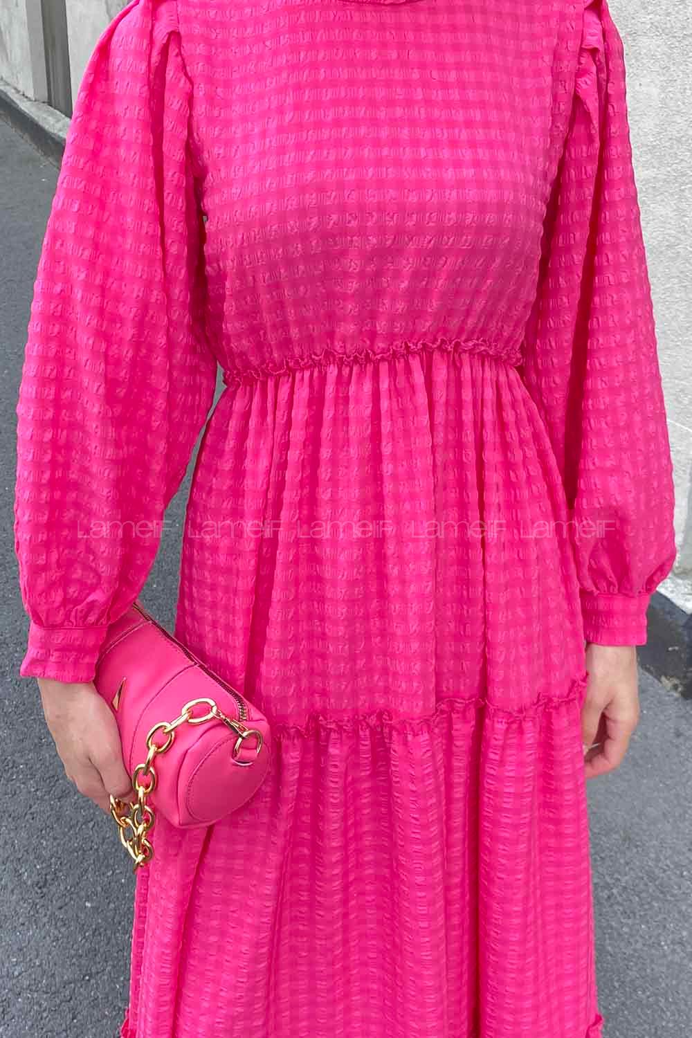 Fuchsia Medium Crew Neck Cotton Fabric Unprinted Dresess