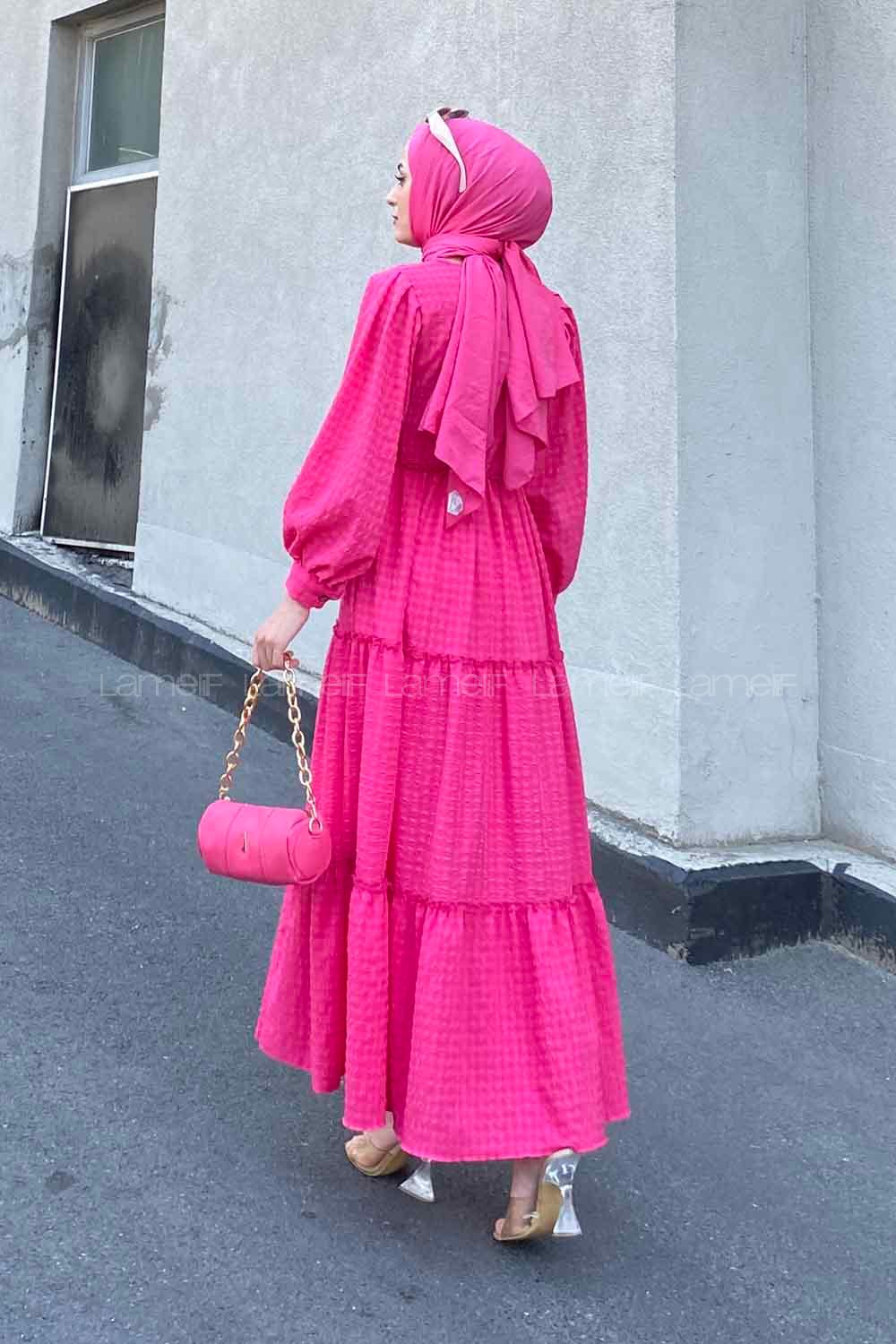 Fuchsia Medium Crew Neck Cotton Fabric Unprinted Dresess