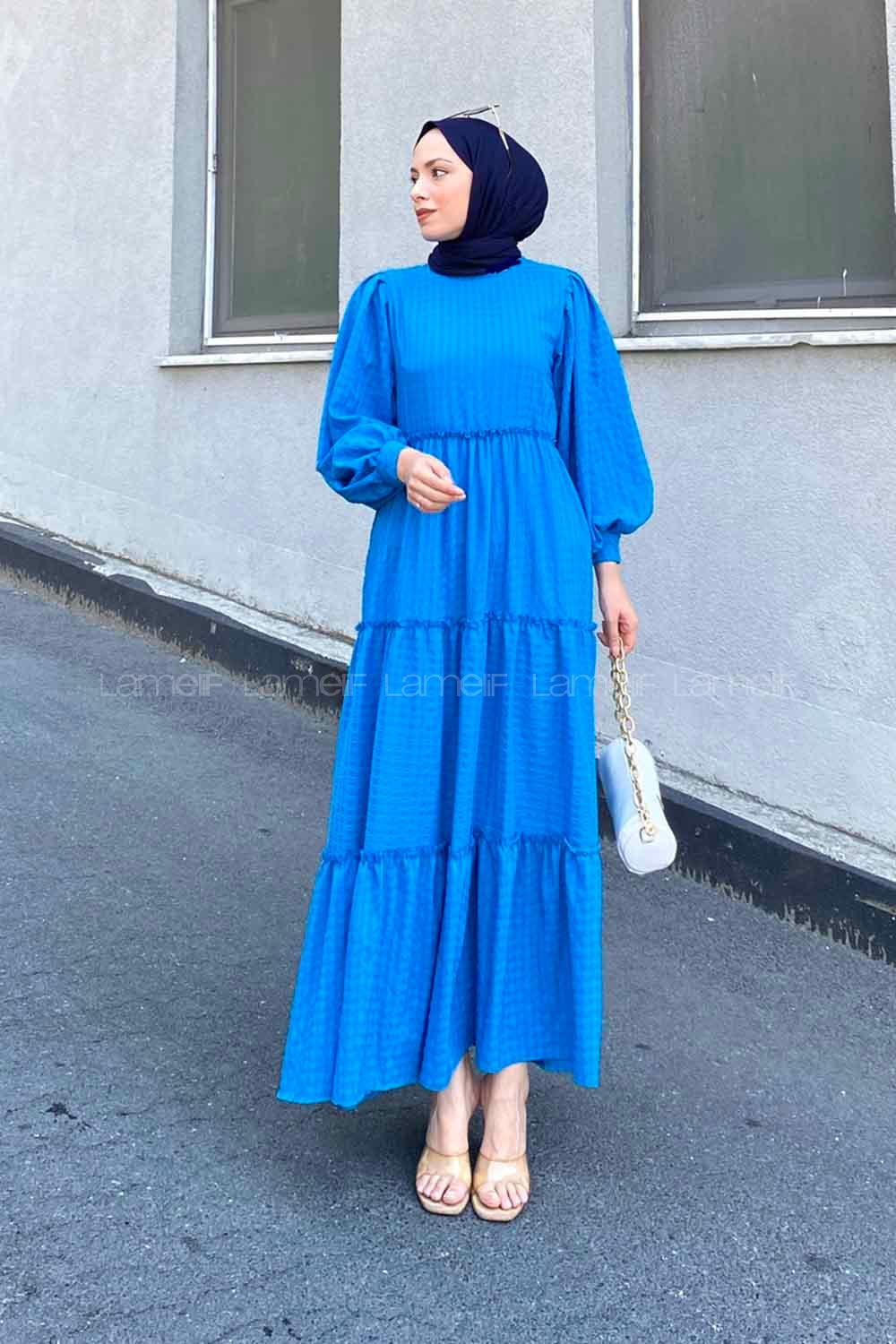 Blue Medium Crew Neck Cotton Fabric Unprinted Dresess