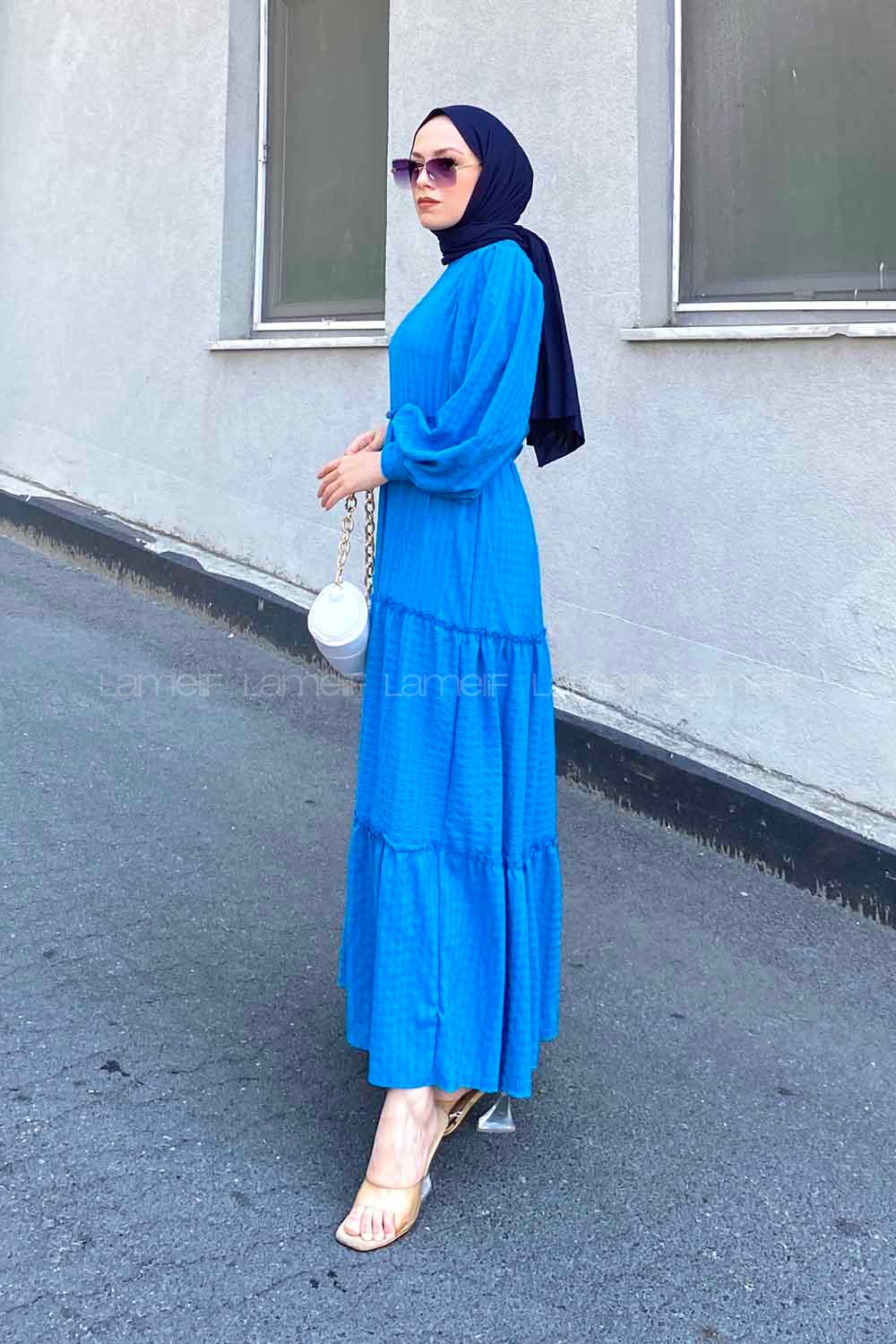 Blue Medium Crew Neck Cotton Fabric Unprinted Dresess