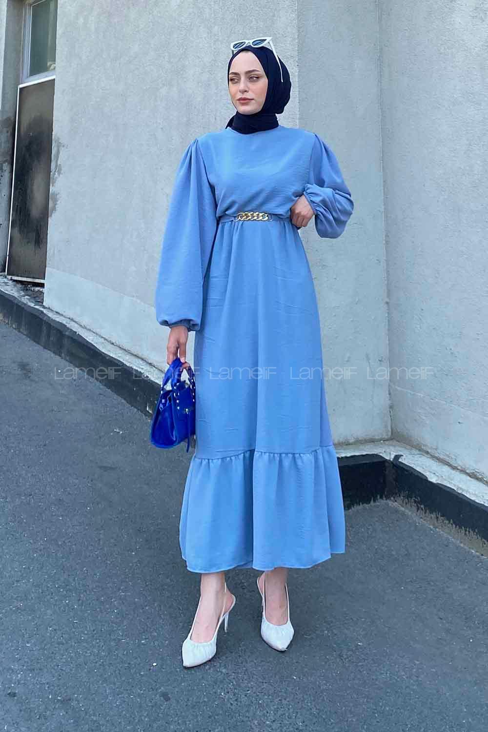 Modalamelif Beli Zincir Kemerli Elbise Açık Mavi