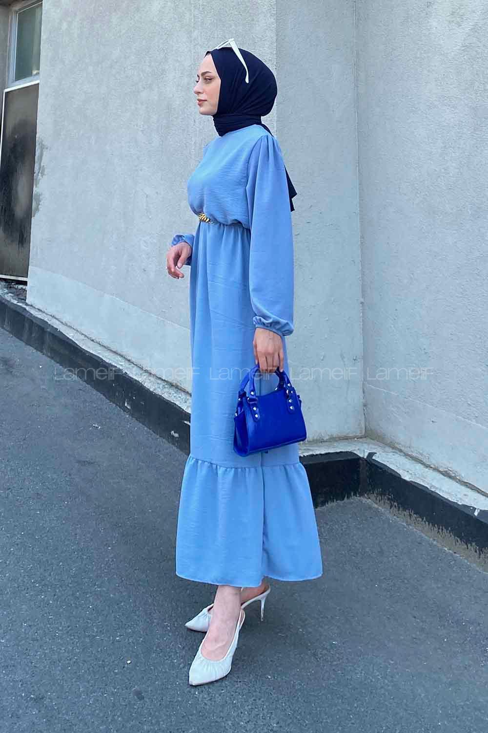 Modalamelif Beli Zincir Kemerli Elbise Açık Mavi