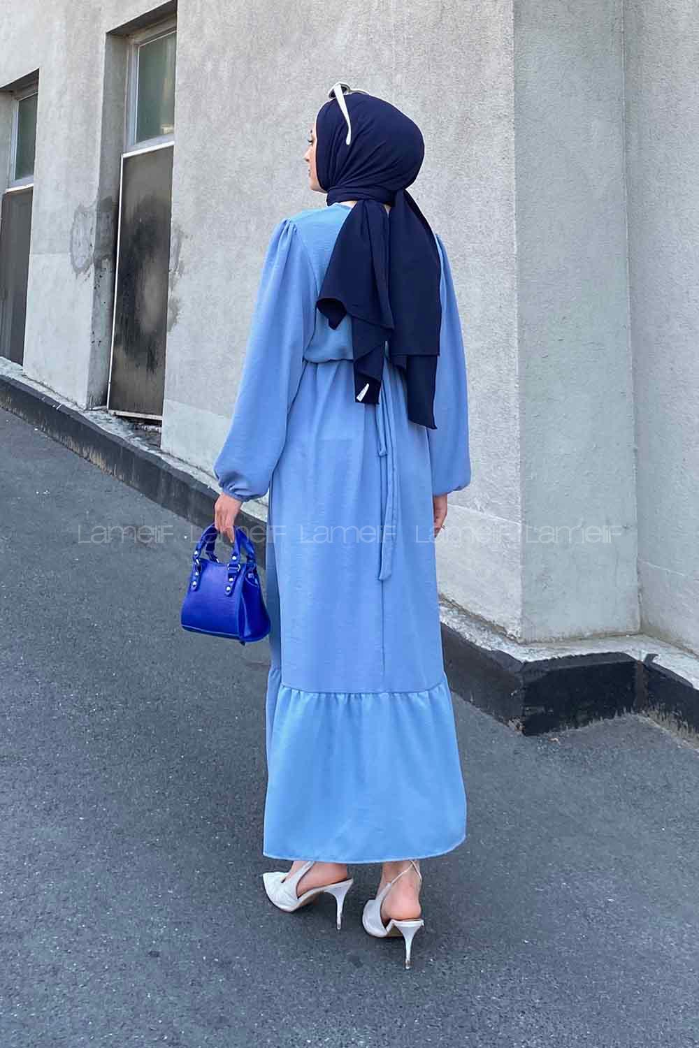 Modalamelif Beli Zincir Kemerli Elbise Açık Mavi