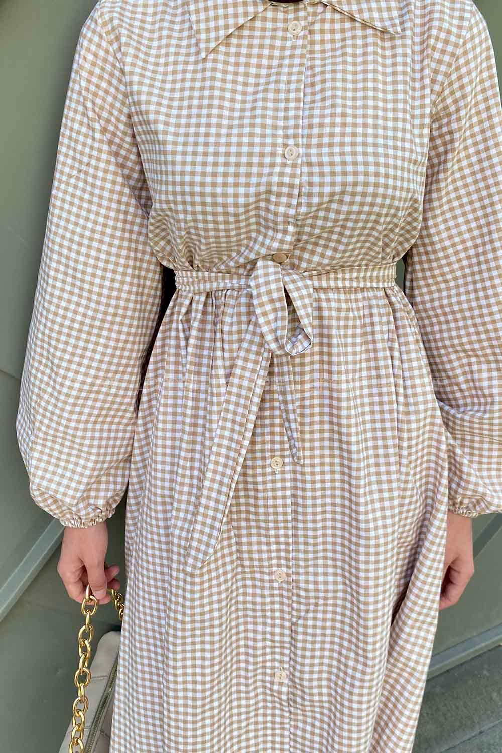 Brown With Milk Shirt Collar Cotton Fabric Unprinted Dresess