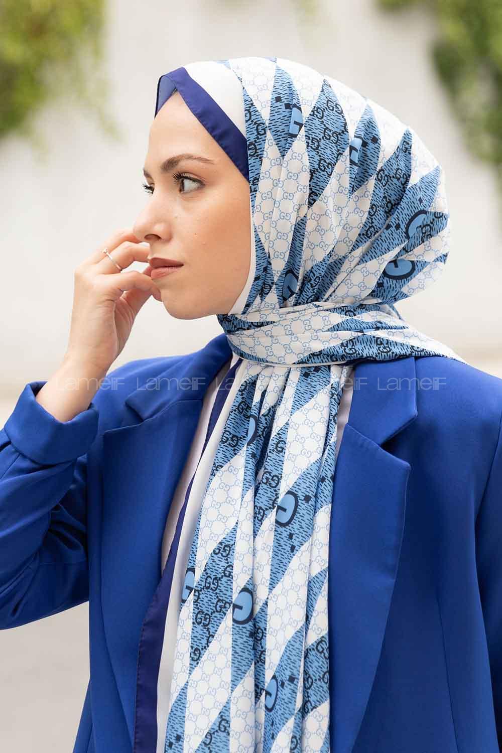 Dark Blue Crepe Fabric Striped Shawl