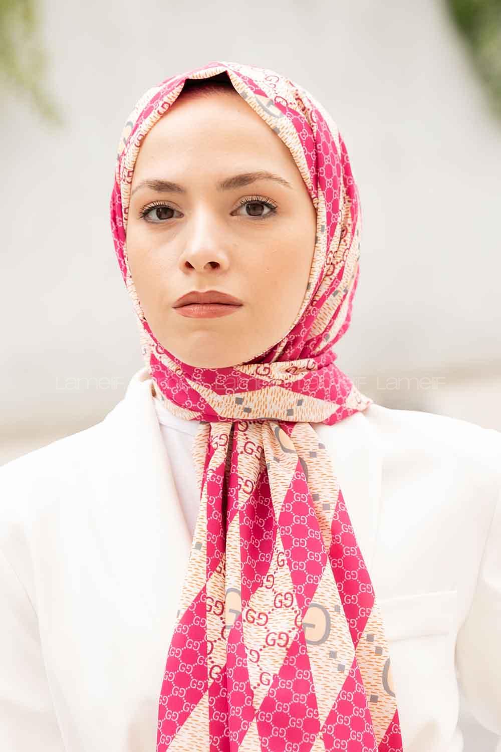 Lamelif Gücci Desen Mos Serisi Şal Fuşya-Sarı