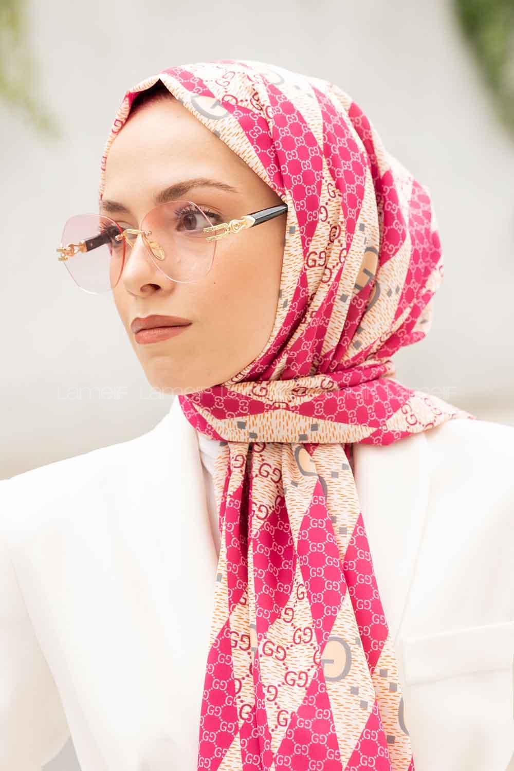 Lamelif Gücci Desen Mos Serisi Şal Fuşya-Sarı