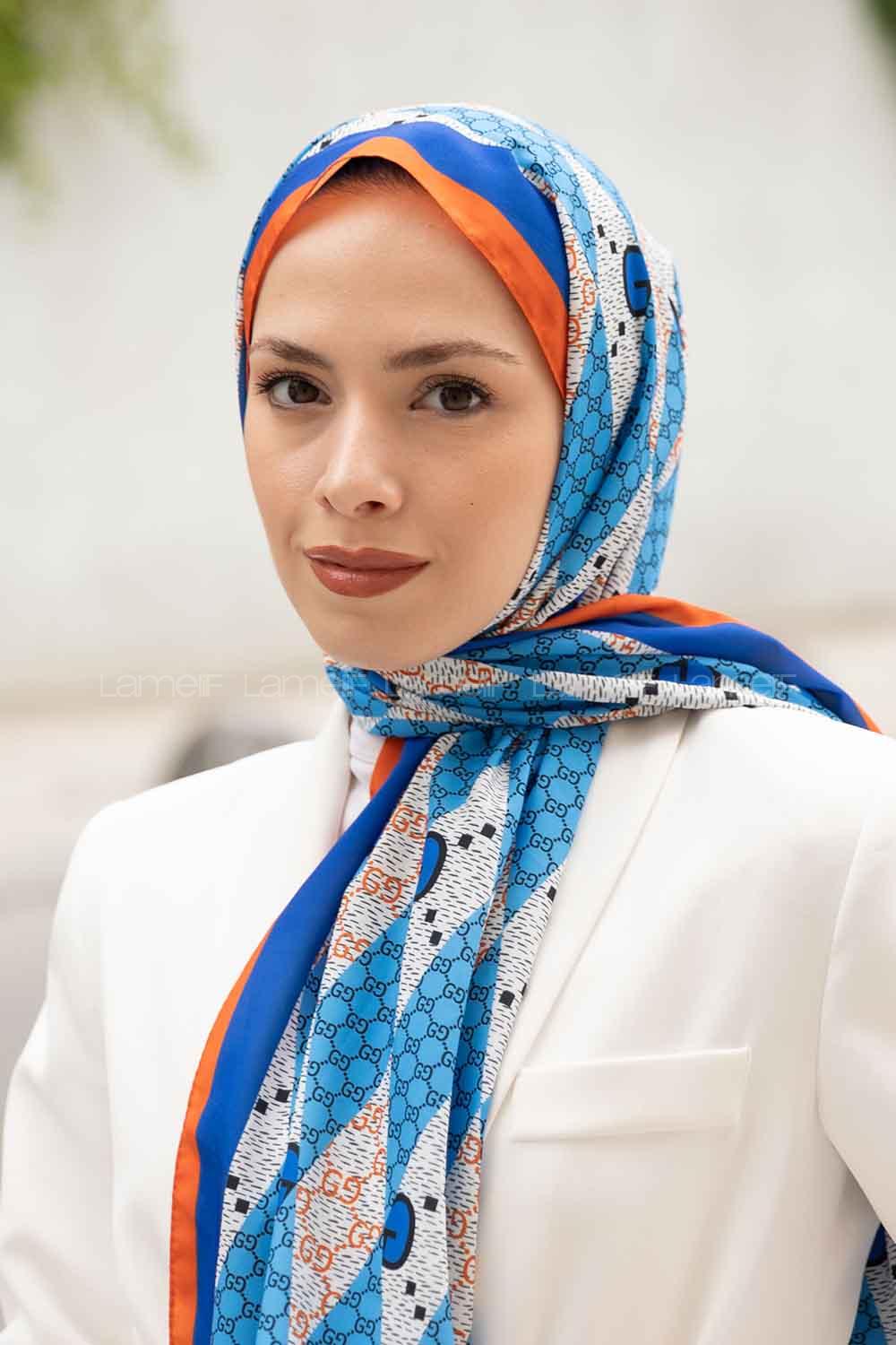 Lamelif Gücci Desen Mos Serisi Şal Oranj-Mavi