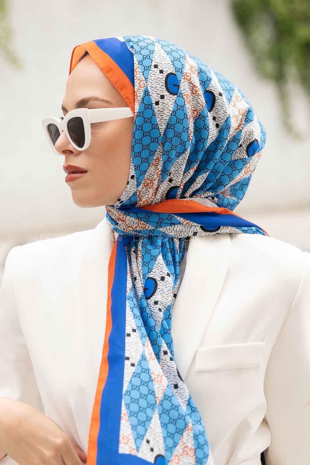 Lamelif Gücci Desen Mos Serisi Şal Oranj-Mavi