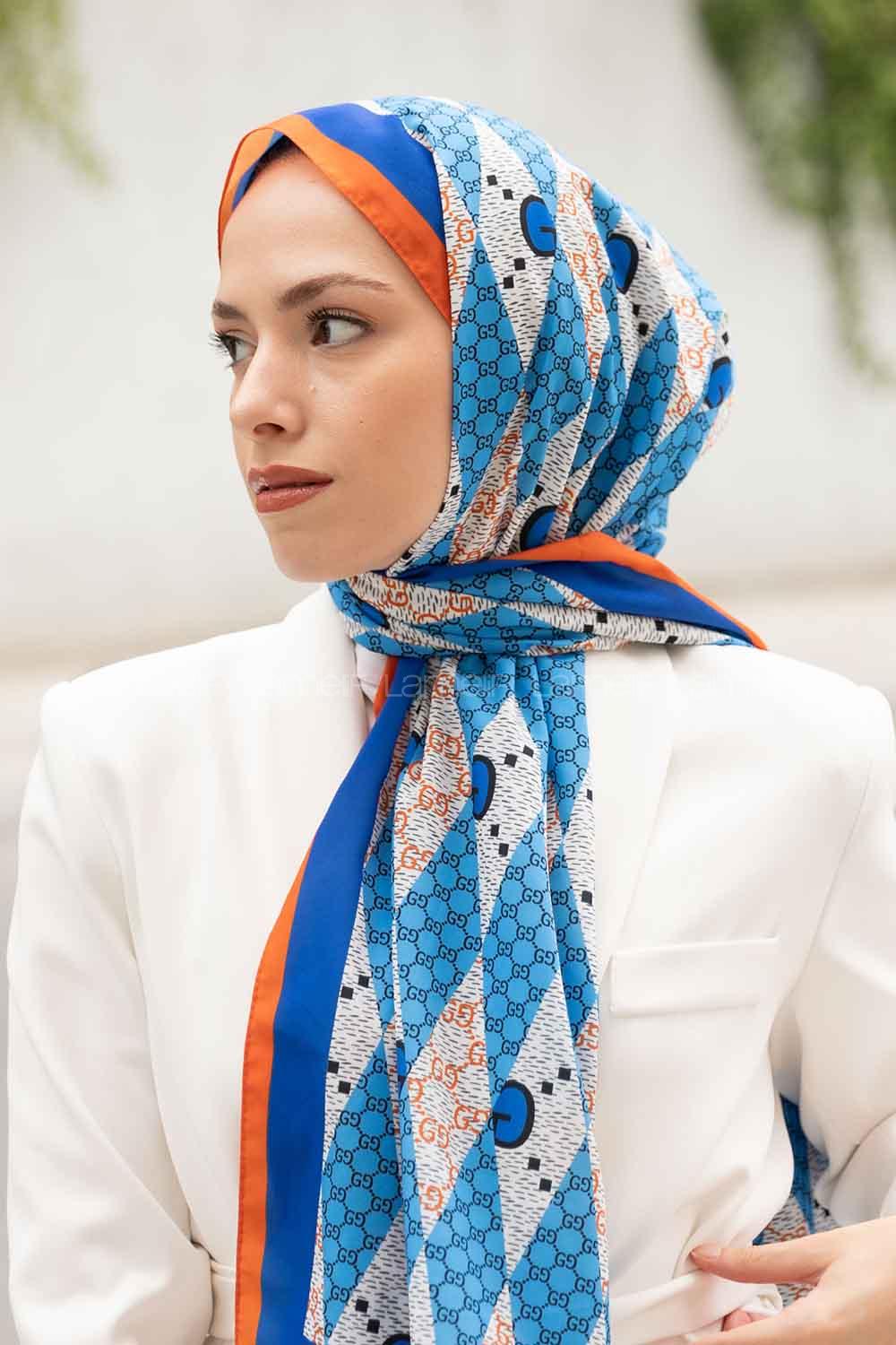 Lamelif Gücci Desen Mos Serisi Şal Oranj-Mavi