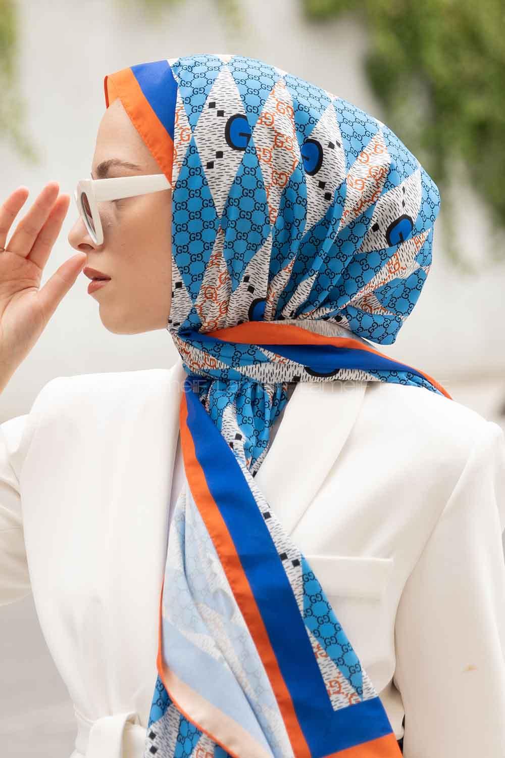 Lamelif Gücci Desen Mos Serisi Şal Oranj-Mavi