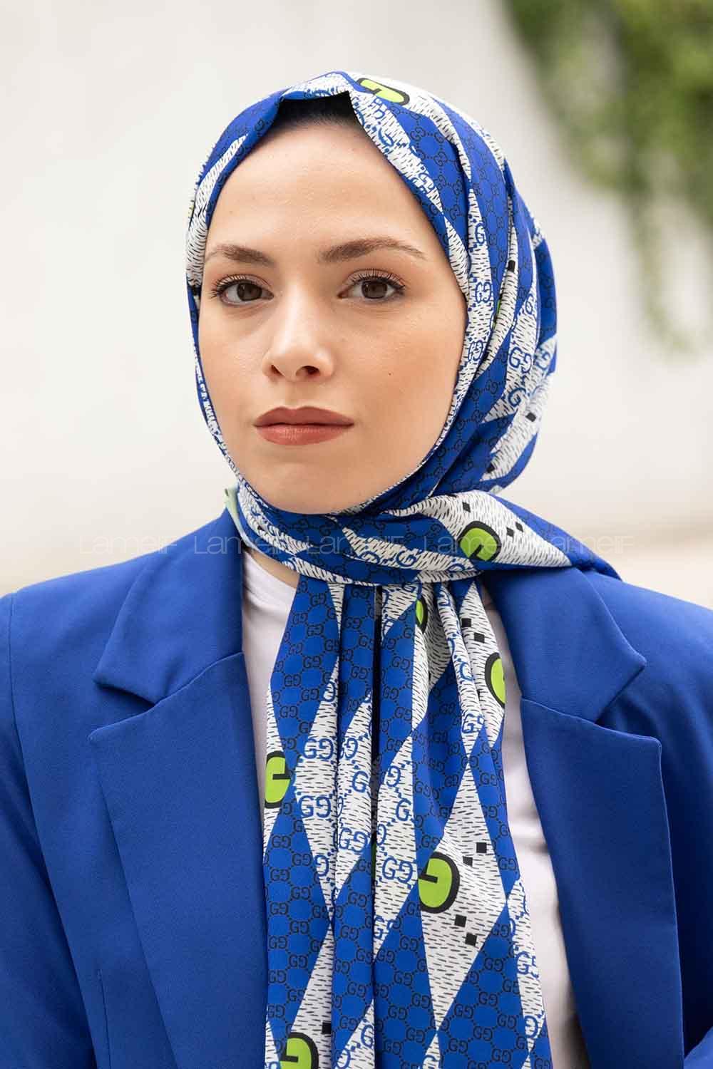 Lamelif Gücci Desen Mos Serisi Şal Saks Mavisi