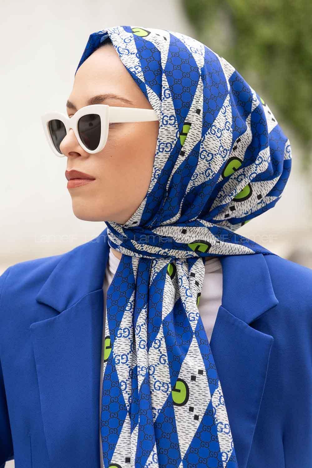 Lamelif Gücci Desen Mos Serisi Şal Saks Mavisi