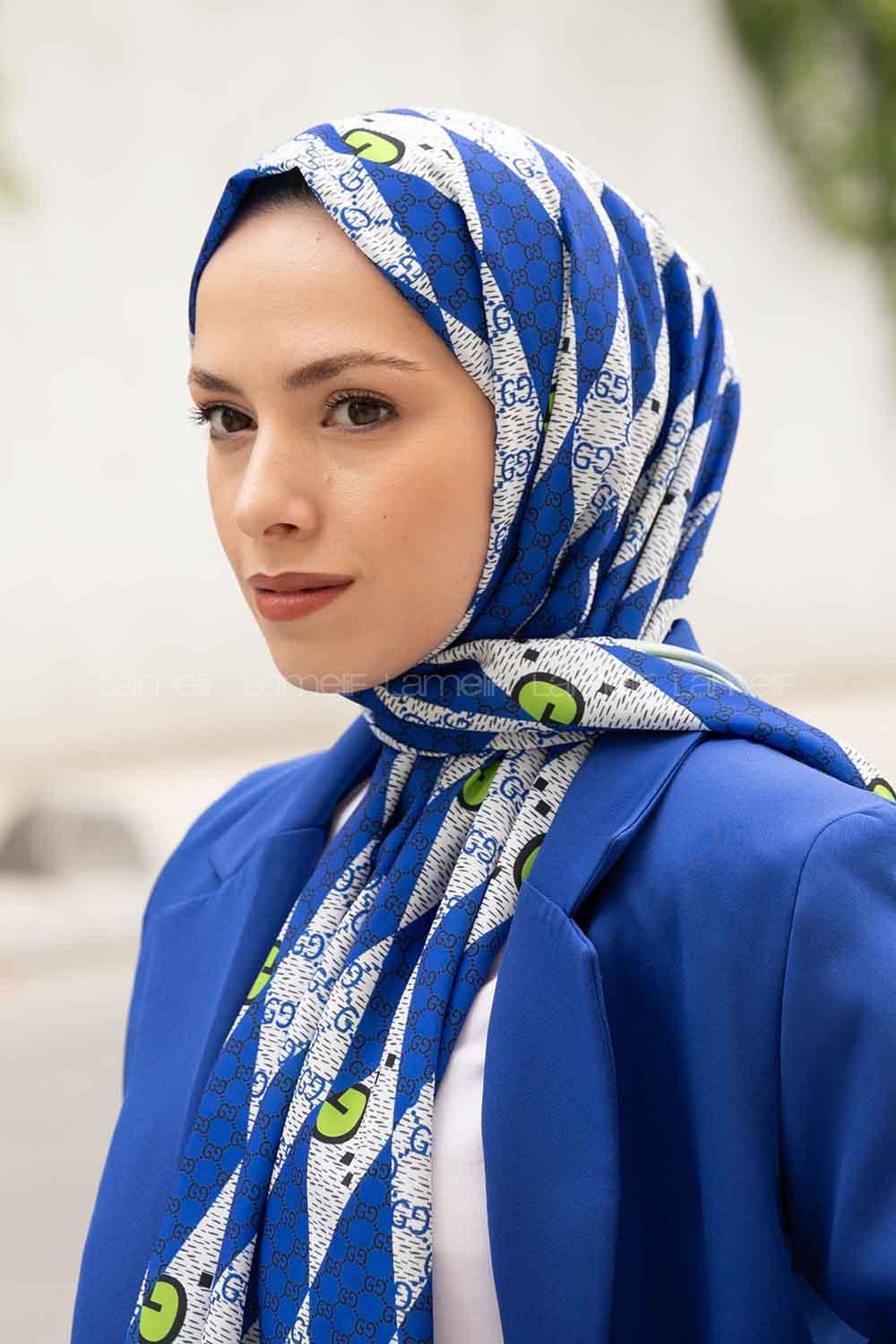 Lamelif Gücci Desen Mos Serisi Şal Saks Mavisi