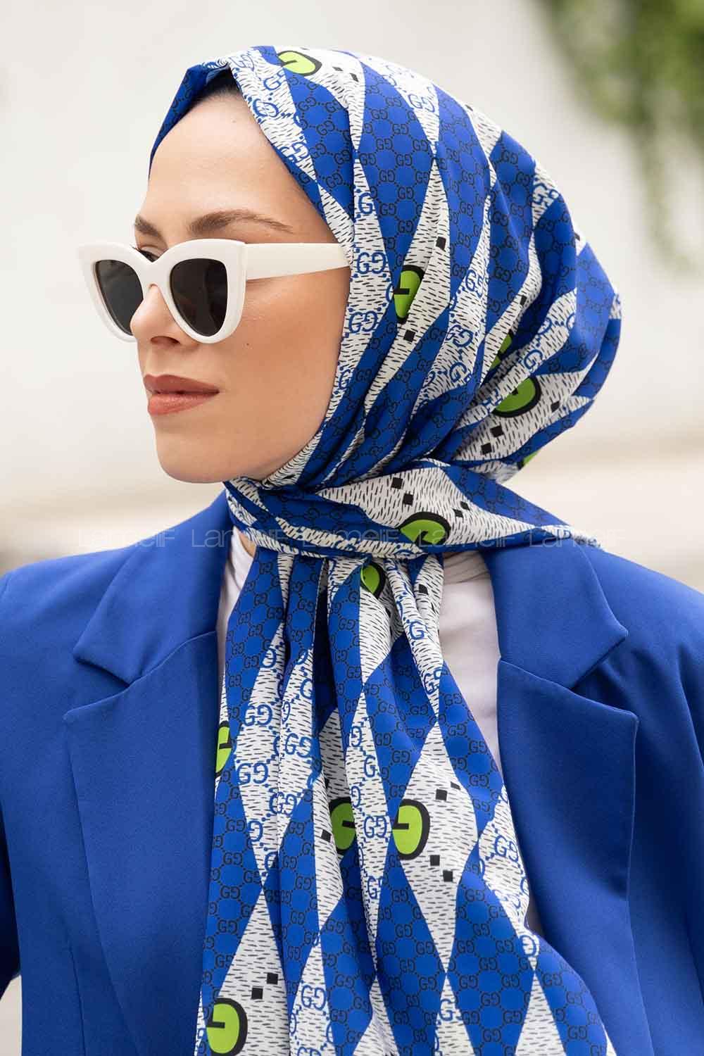 Lamelif Gücci Desen Mos Serisi Şal Saks Mavisi