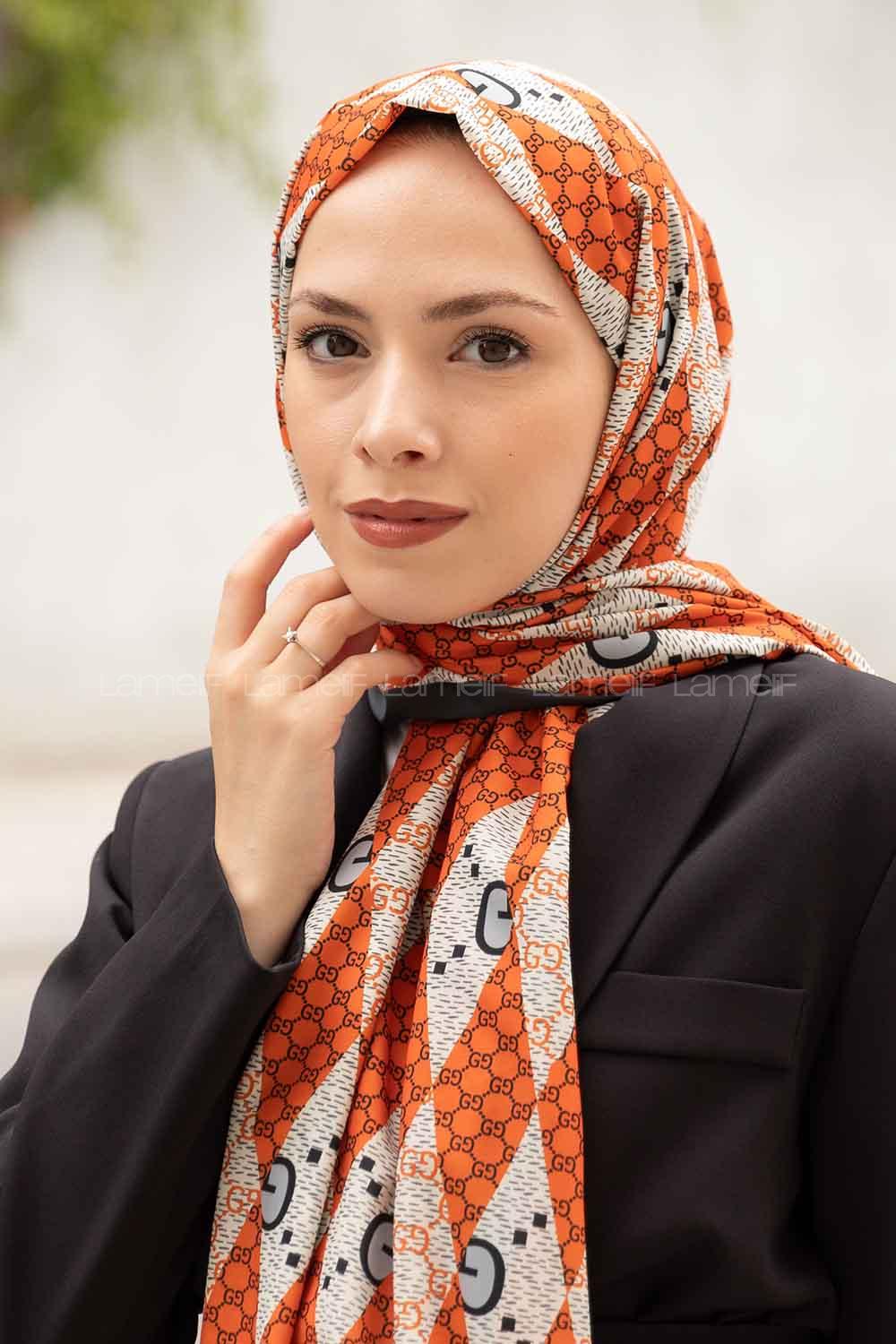 Orange Crepe Fabric Striped Shawl