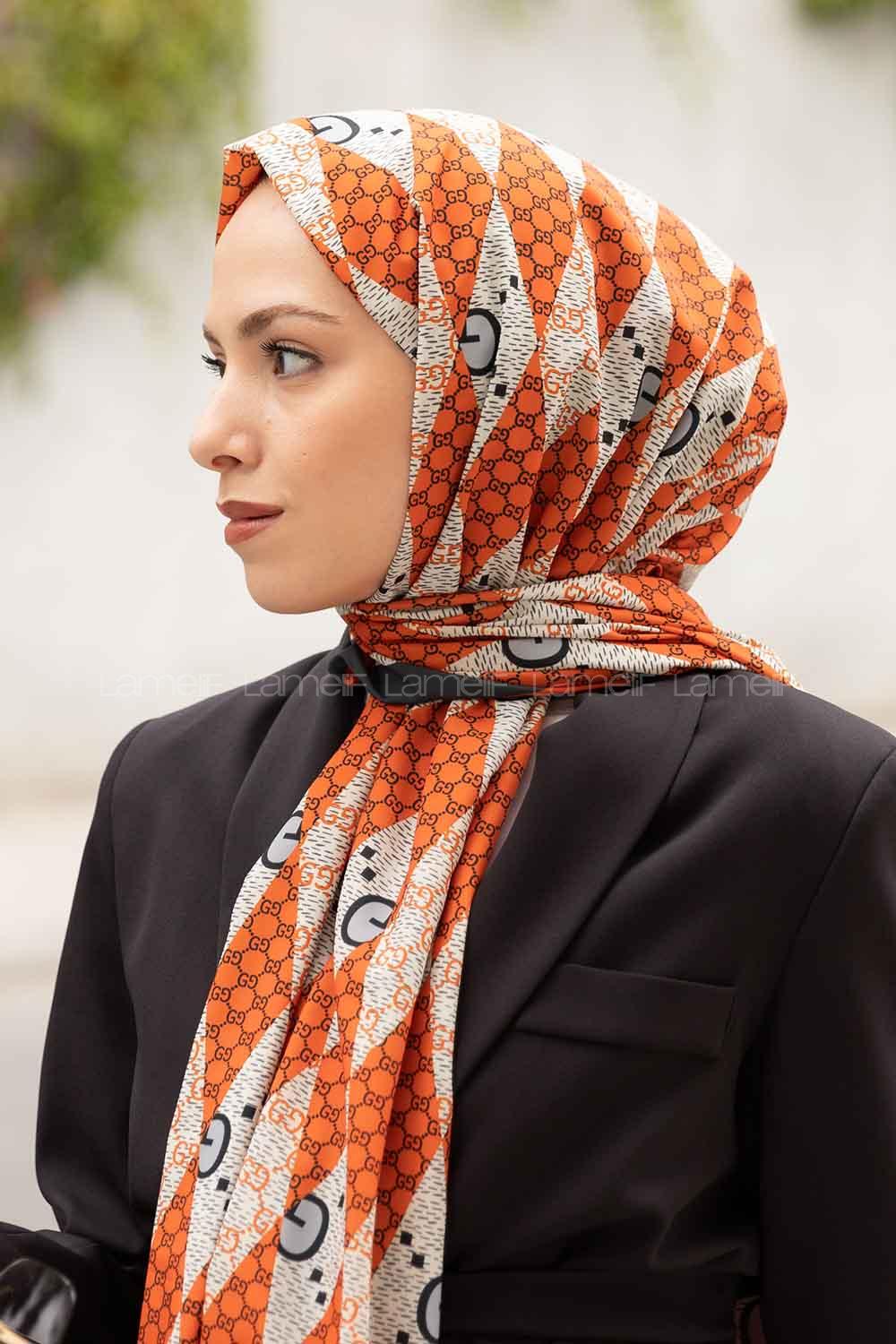 Orange Crepe Fabric Striped Shawl