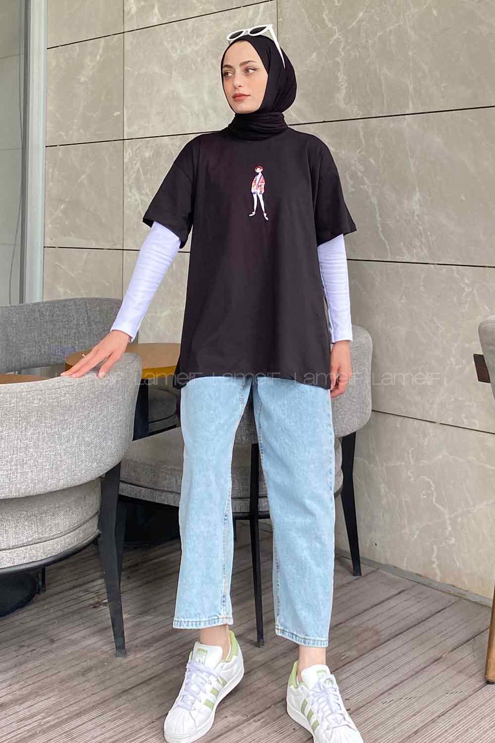 Black Crew Neck Short Arm Cotton Printed T-shirt