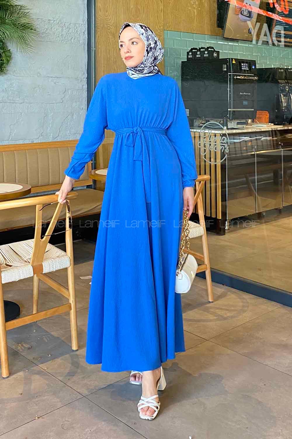 Blue Crew Neck Cotton Fabric Unprinted Dresess