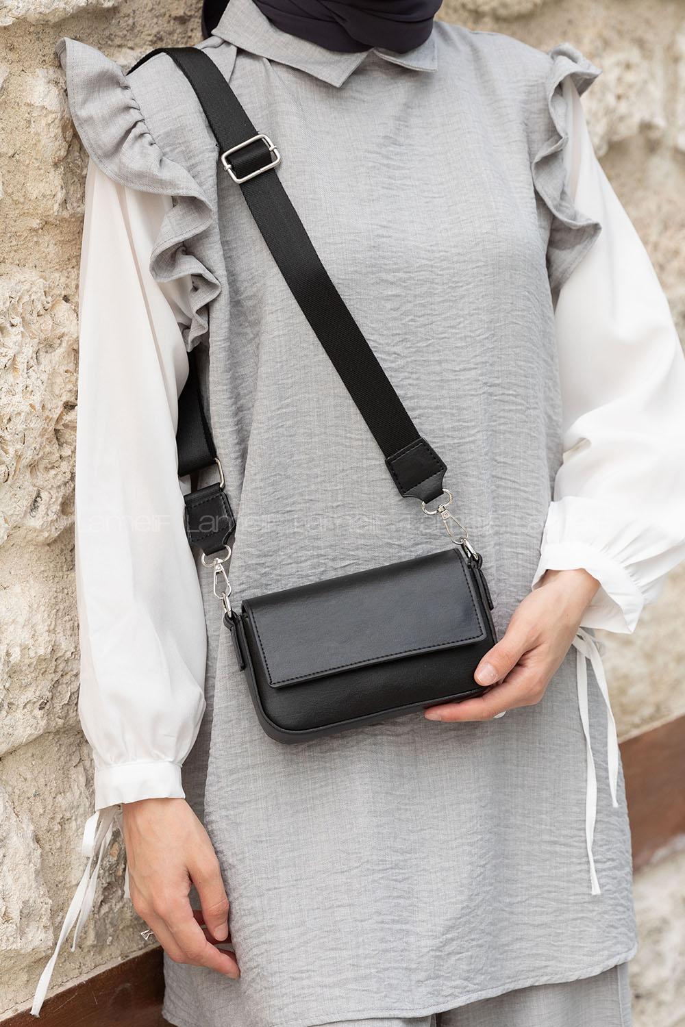 Lamelif Mini Kapaklı Hasır Askılı Kadın Çanta Siyah