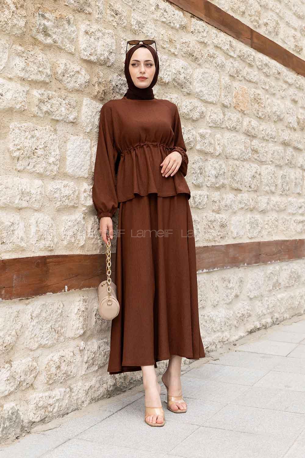 Bitter Brown Medium Crew Neck Long Arm Without Accessories Cotton Crepe Fabric Flare Suit