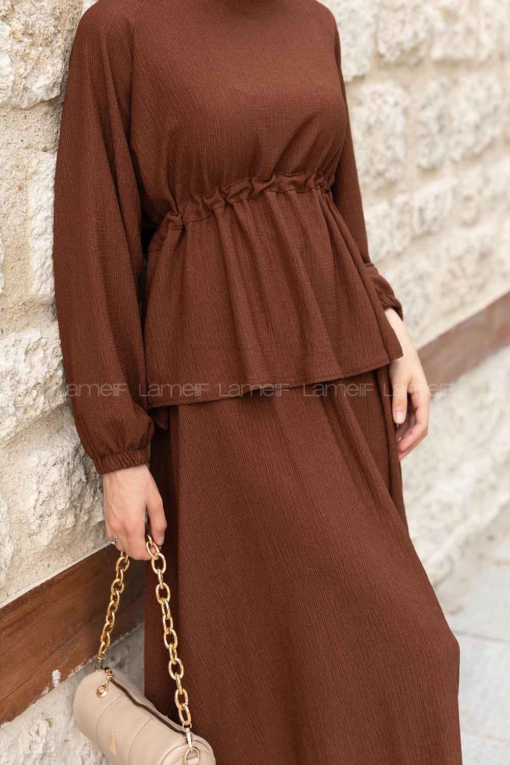 Bitter Brown Medium Crew Neck Long Arm Without Accessories Cotton Crepe Fabric Flare Suit