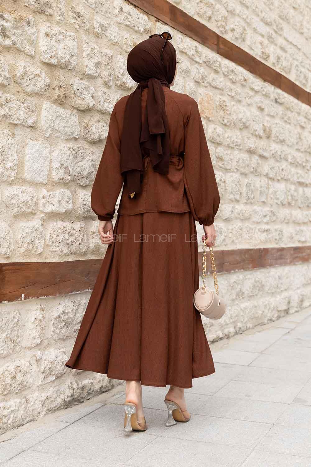 Bitter Brown Medium Crew Neck Long Arm Without Accessories Cotton Crepe Fabric Flare Suit