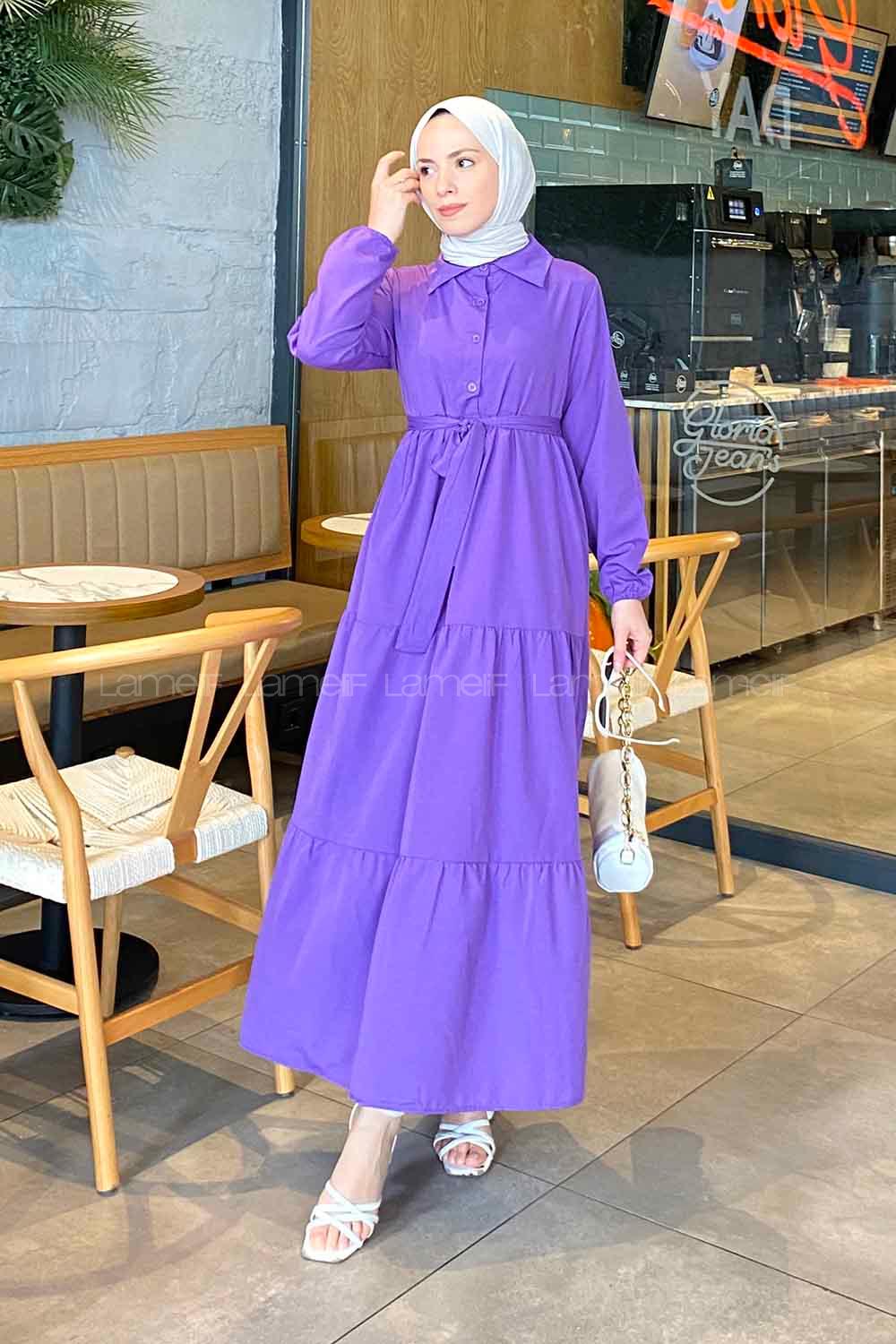 Purble Medium Crew Neck Cotton Fabric Unprinted Dresess