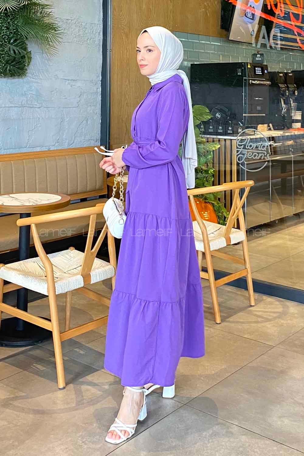 Purble Medium Crew Neck Cotton Fabric Unprinted Dresess