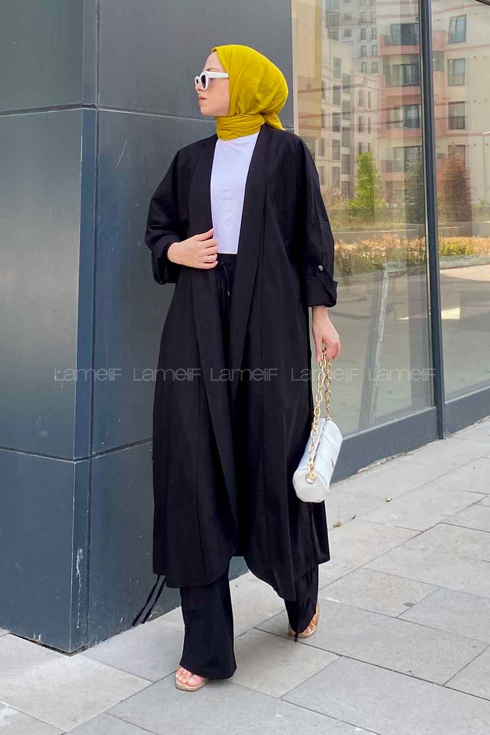 Black Scarf Neck Long Arm Linen Viscose Fabric Comfortable Suit