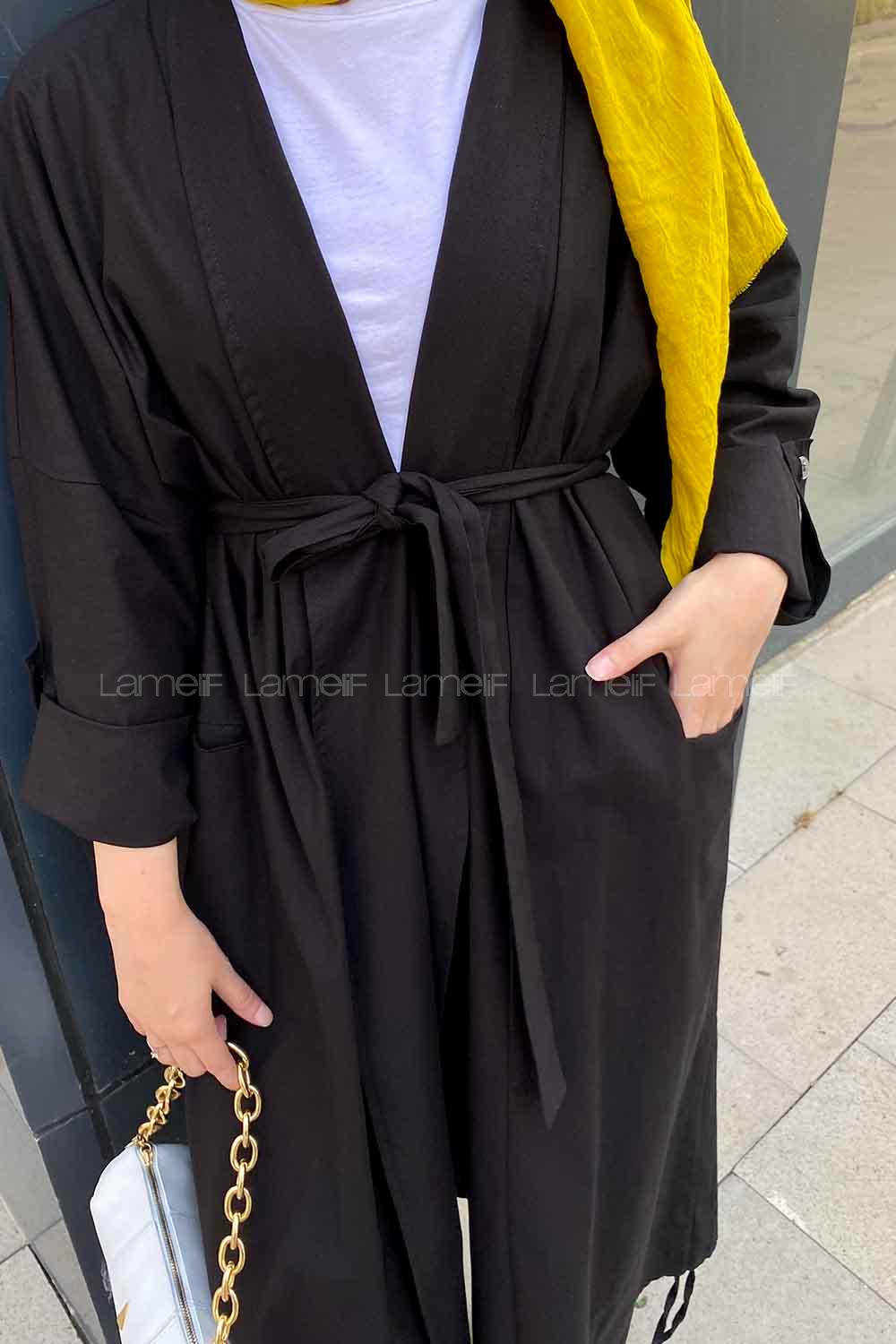 Black Scarf Neck Long Arm Linen Viscose Fabric Comfortable Suit