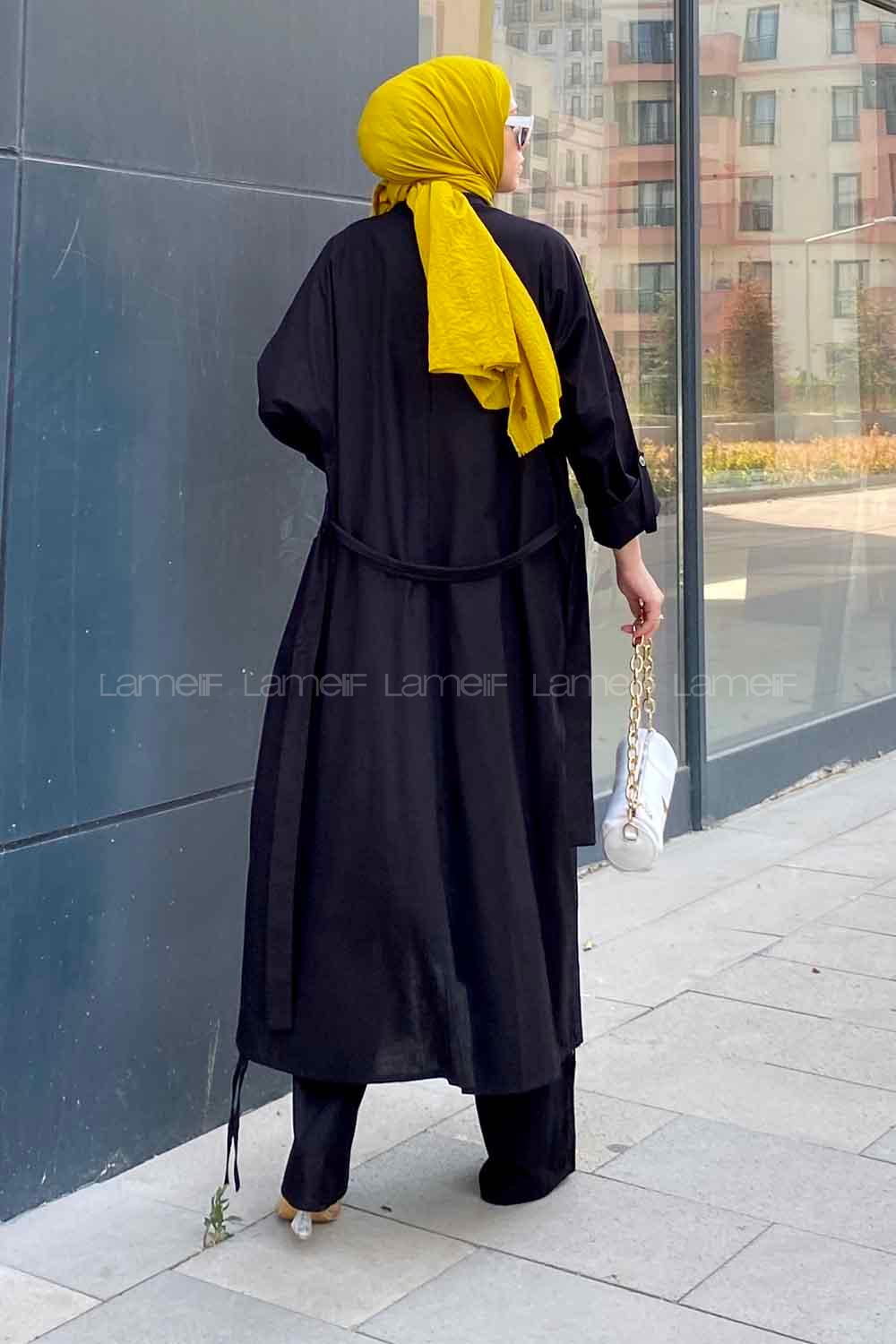 Black Scarf Neck Long Arm Linen Viscose Fabric Comfortable Suit