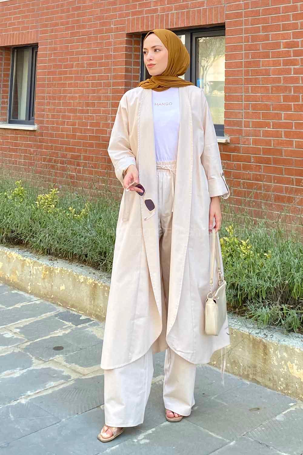 Stone Scarf Neck Long Arm Linen Viscose Fabric Comfortable Suit