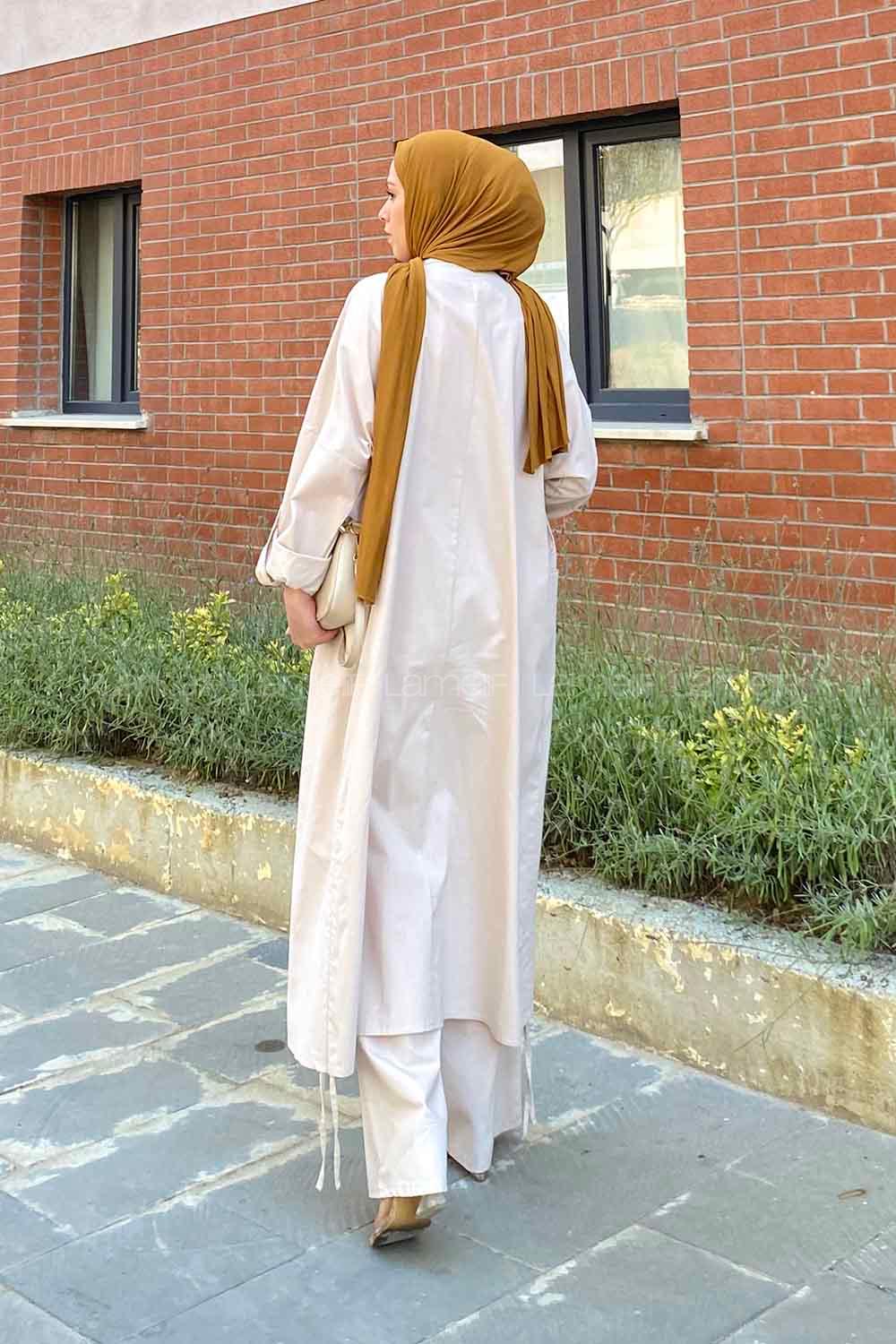 Stone Scarf Neck Long Arm Linen Viscose Fabric Comfortable Suit