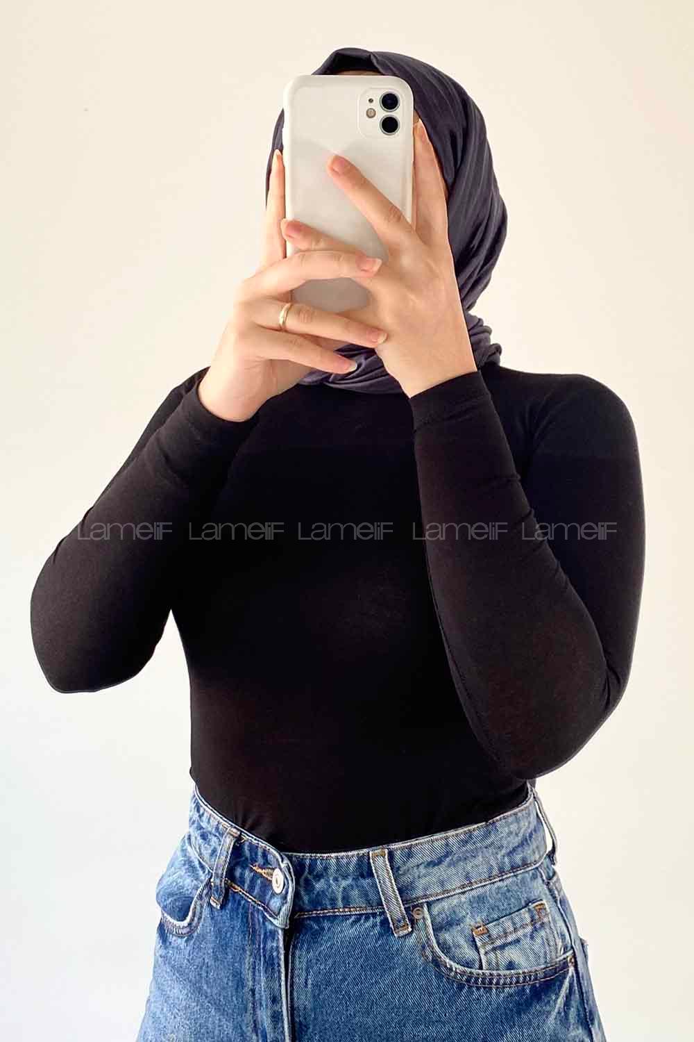 Lamelif Bisiklet Yaka Düz Renk Body Siyah