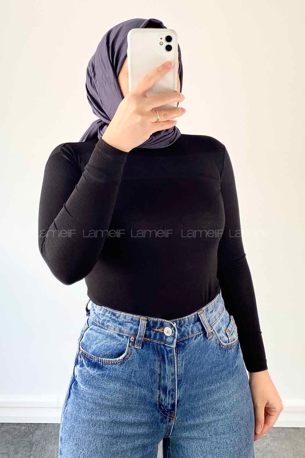 Lamelif Bisiklet Yaka Düz Renk Body Siyah