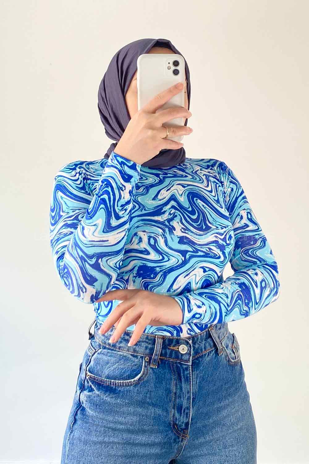 Lamelif Bisiklet Yaka Ebru Desenli Body Mavi