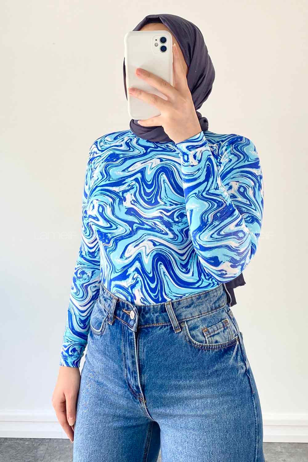 Lamelif Bisiklet Yaka Ebru Desenli Body Mavi