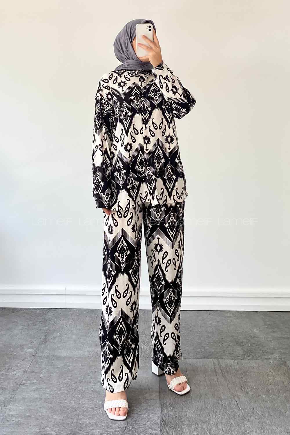Lamelif Etnik Desen Baskılı İkili Takım Siyah Beyaz