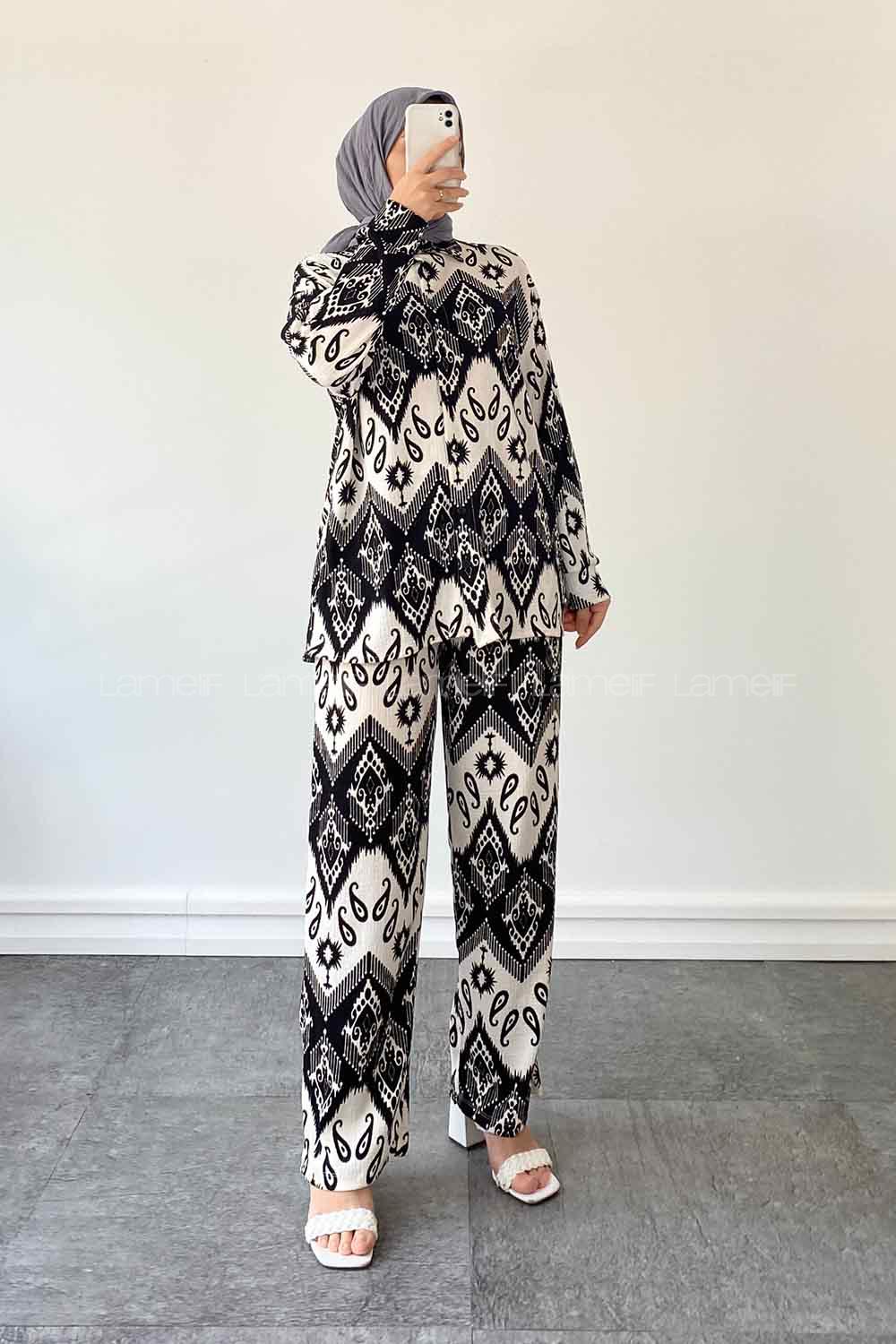Lamelif Etnik Desen Baskılı İkili Takım Siyah Beyaz